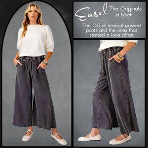 EASEL "The Originals" Mineral Washed Wide Leg Drawstring Pants Pockets Raw Hems
